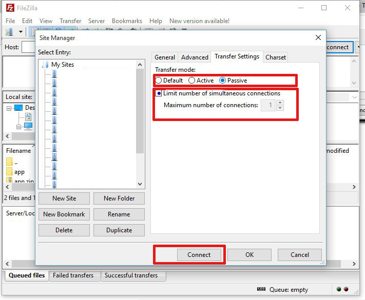 FileZilla - Transfer Mode